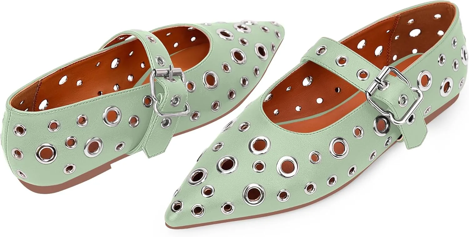 100FIXEO Women's Ballet Flats Metal Eyelet Perforated Studded Buckle Strap Pointed Toe Shoes