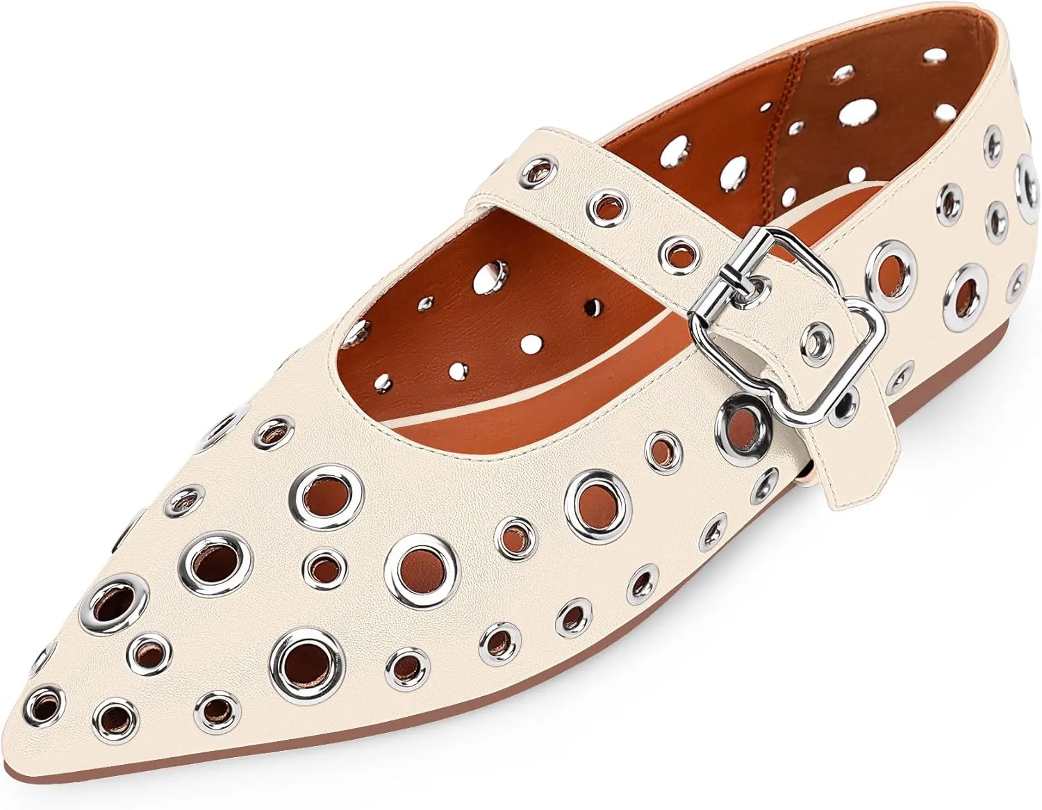 100FIXEO Women's Ballet Flats Metal Eyelet Perforated Studded Buckle Strap Pointed Toe Shoes