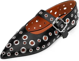 100FIXEO Women's Ballet Flats Metal Eyelet Perforated Studded Buckle Strap Pointed Toe Shoes