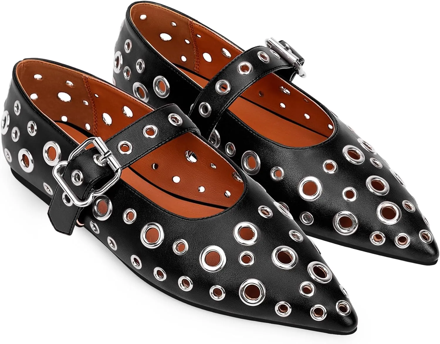100FIXEO Women's Ballet Flats Metal Eyelet Perforated Studded Buckle Strap Pointed Toe Shoes