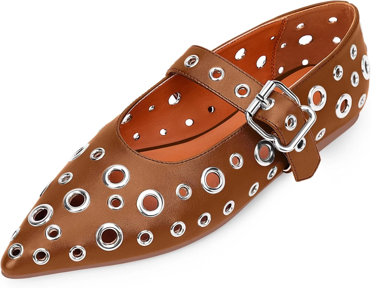 100FIXEO Women's Ballet Flats Metal Eyelet Perforated Studded Buckle Strap Pointed Toe Shoes