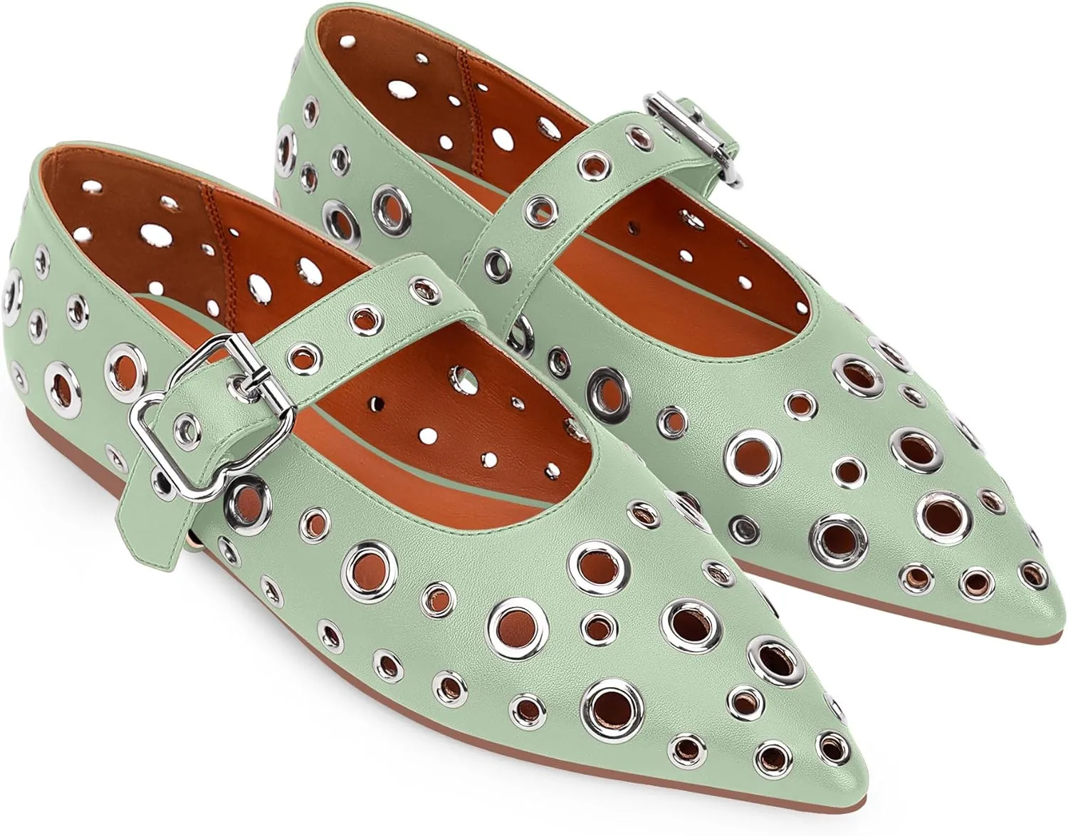 100FIXEO Women's Ballet Flats Metal Eyelet Perforated Studded Buckle Strap Pointed Toe Shoes