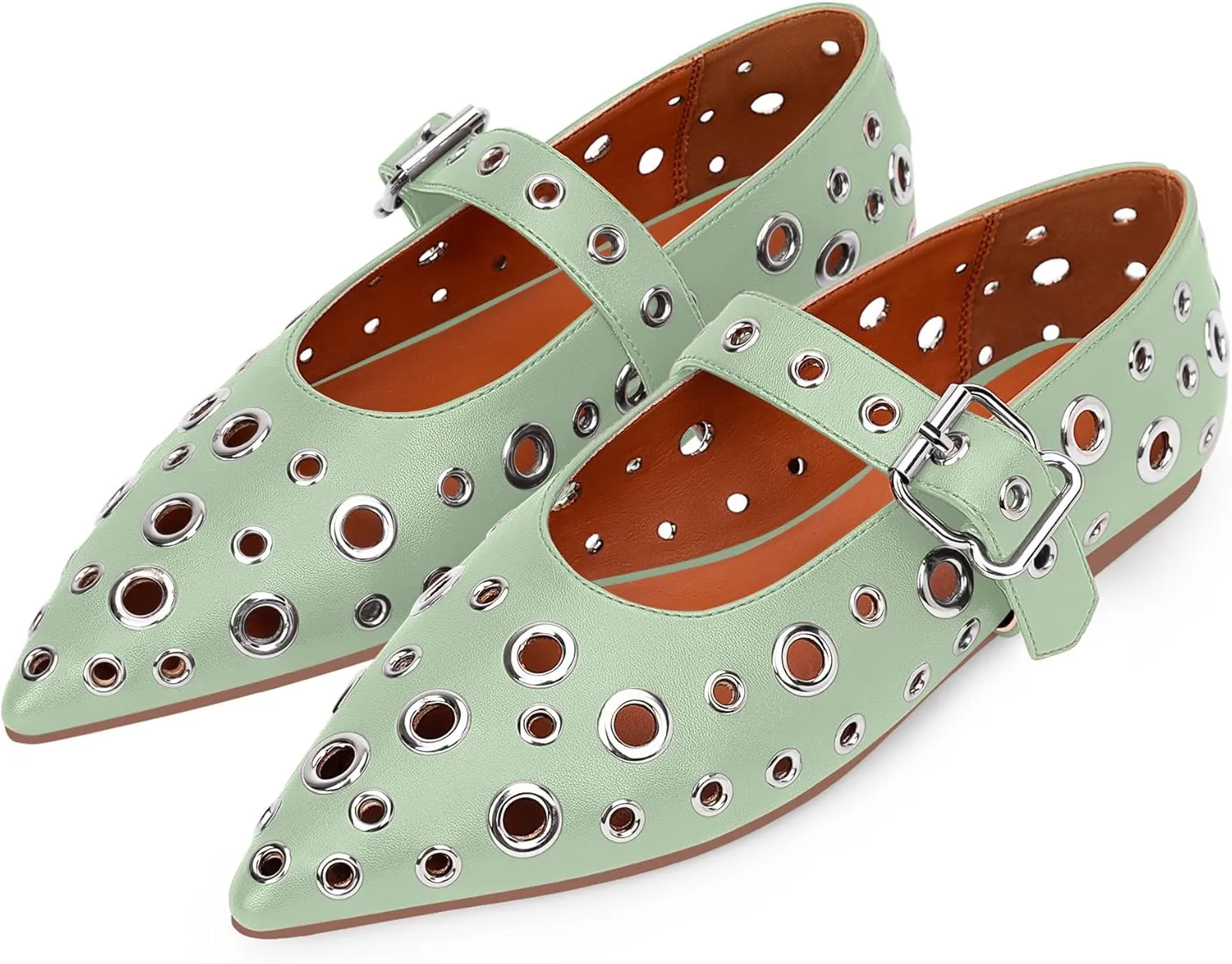 100FIXEO Women's Ballet Flats Metal Eyelet Perforated Studded Buckle Strap Pointed Toe Shoes