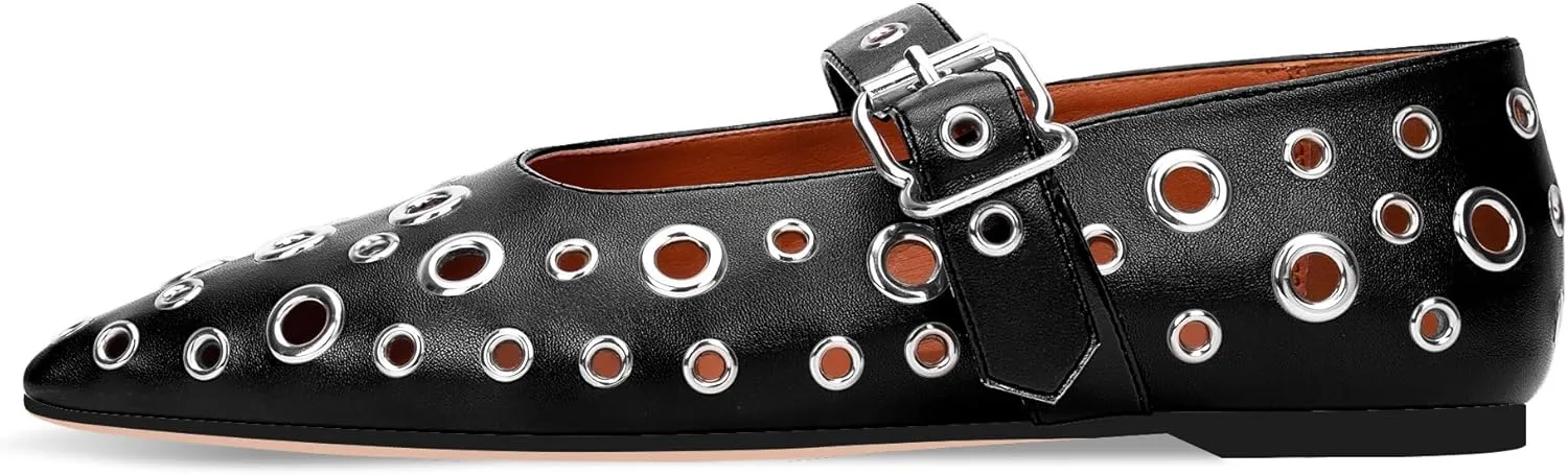 100FIXEO Women's Ballet Flats Metal Eyelet Perforated Studded Buckle Strap Pointed Toe Shoes