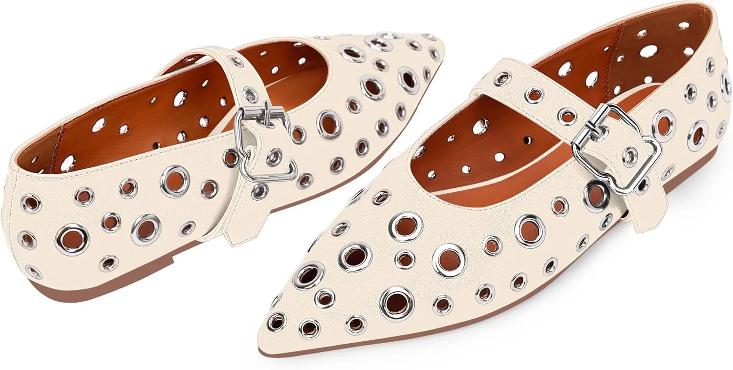 100FIXEO Women's Ballet Flats Metal Eyelet Perforated Studded Buckle Strap Pointed Toe Shoes