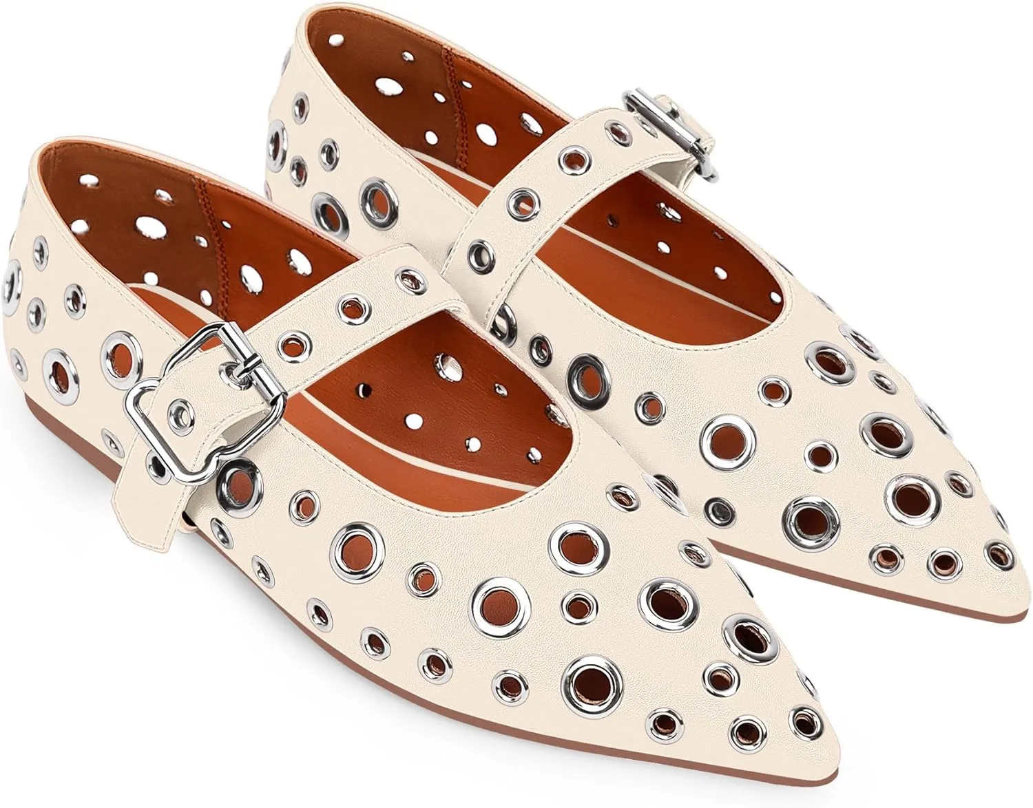100FIXEO Women's Ballet Flats Metal Eyelet Perforated Studded Buckle Strap Pointed Toe Shoes