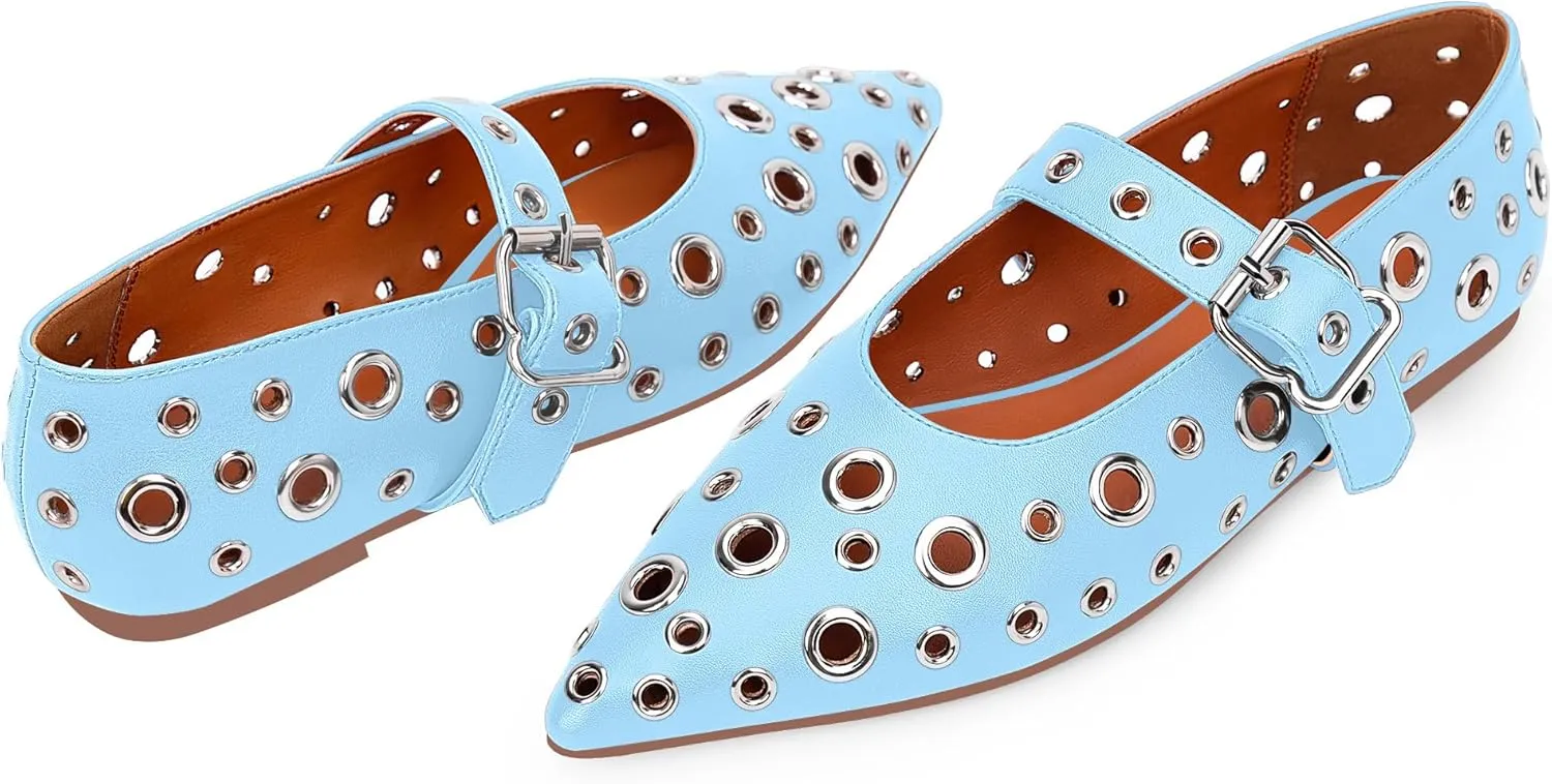 100FIXEO Women's Ballet Flats Metal Eyelet Perforated Studded Buckle Strap Pointed Toe Shoes