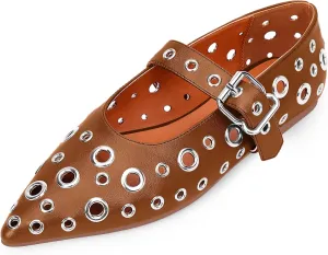 100FIXEO Women's Ballet Flats Metal Eyelet Perforated Studded Buckle Strap Pointed Toe Shoes