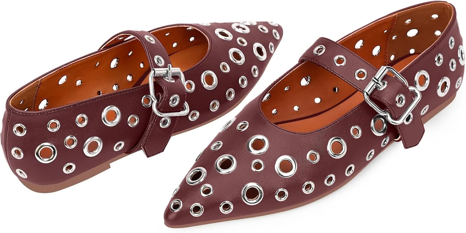100FIXEO Women's Ballet Flats Metal Eyelet Perforated Studded Buckle Strap Pointed Toe Shoes