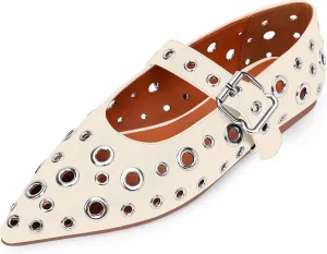 100FIXEO Women's Ballet Flats Metal Eyelet Perforated Studded Buckle Strap Pointed Toe Shoes