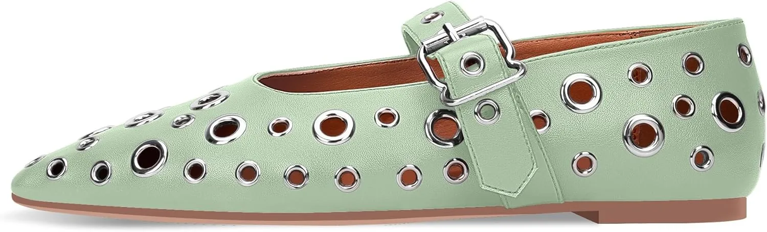 100FIXEO Women's Ballet Flats Metal Eyelet Perforated Studded Buckle Strap Pointed Toe Shoes
