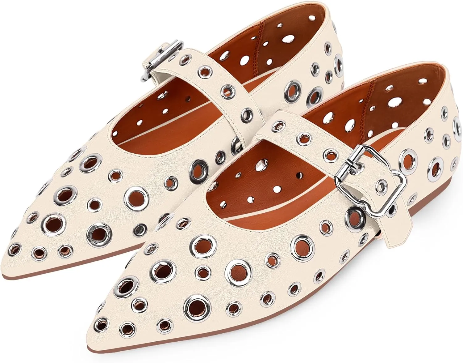 100FIXEO Women's Ballet Flats Metal Eyelet Perforated Studded Buckle Strap Pointed Toe Shoes
