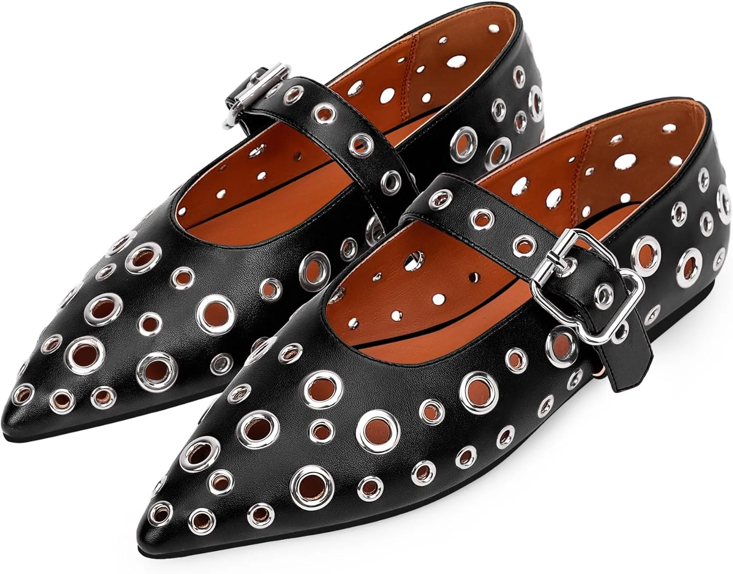 100FIXEO Women's Ballet Flats Metal Eyelet Perforated Studded Buckle Strap Pointed Toe Shoes
