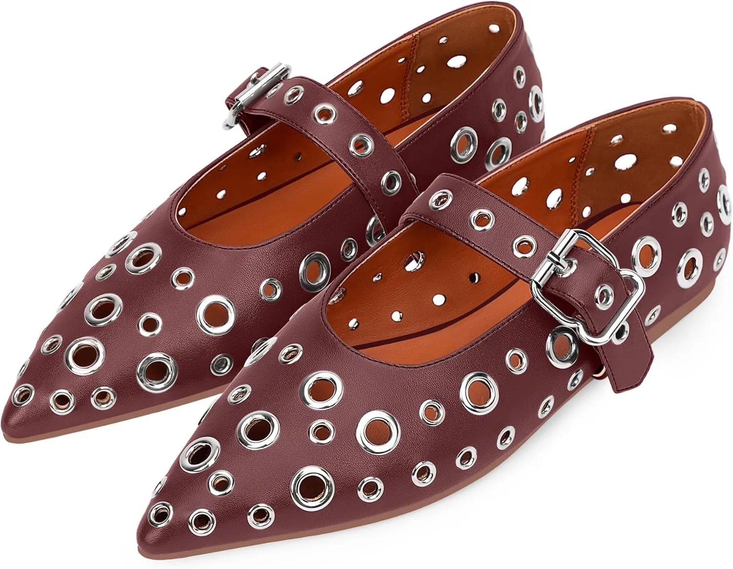 100FIXEO Women's Ballet Flats Metal Eyelet Perforated Studded Buckle Strap Pointed Toe Shoes