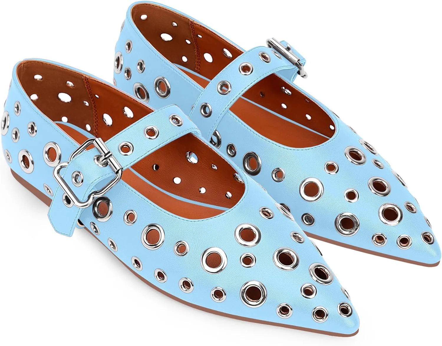 100FIXEO Women's Ballet Flats Metal Eyelet Perforated Studded Buckle Strap Pointed Toe Shoes
