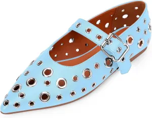100FIXEO Women's Ballet Flats Metal Eyelet Perforated Studded Buckle Strap Pointed Toe Shoes