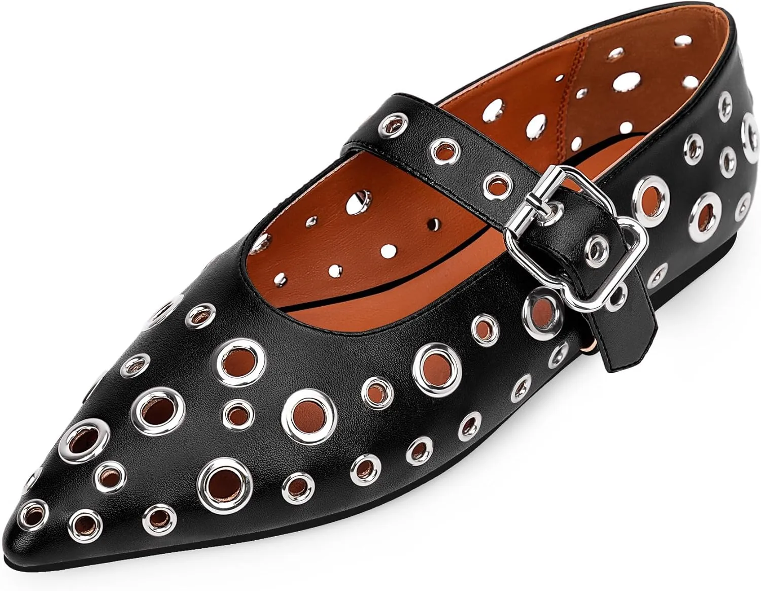 100FIXEO Women's Ballet Flats Metal Eyelet Perforated Studded Buckle Strap Pointed Toe Shoes