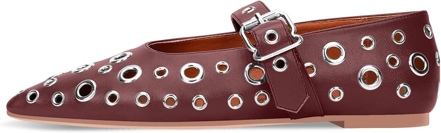 100FIXEO Women's Ballet Flats Metal Eyelet Perforated Studded Buckle Strap Pointed Toe Shoes
