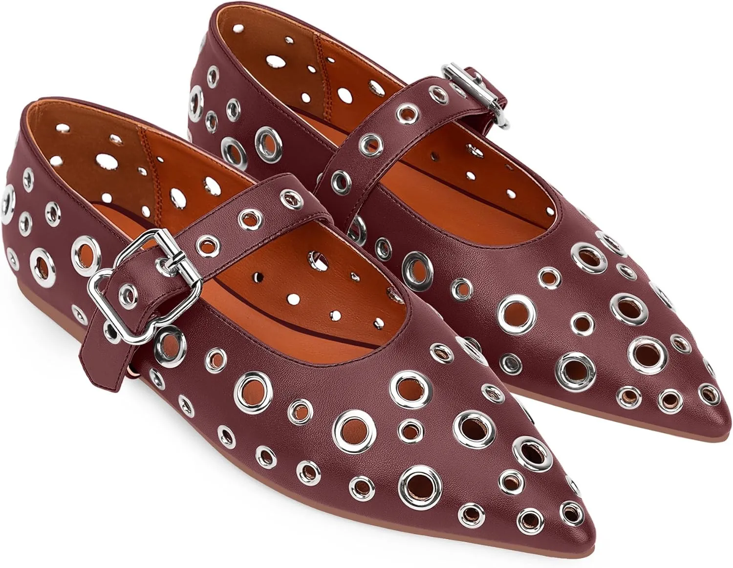 100FIXEO Women's Ballet Flats Metal Eyelet Perforated Studded Buckle Strap Pointed Toe Shoes