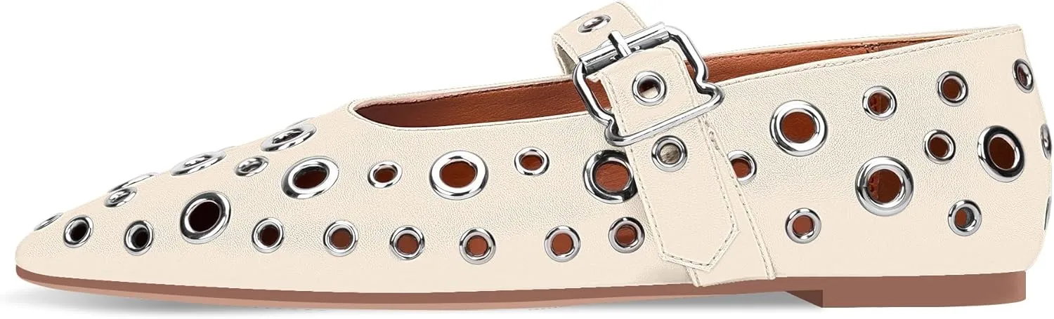 100FIXEO Women's Ballet Flats Metal Eyelet Perforated Studded Buckle Strap Pointed Toe Shoes