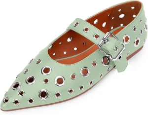 100FIXEO Women's Ballet Flats Metal Eyelet Perforated Studded Buckle Strap Pointed Toe Shoes