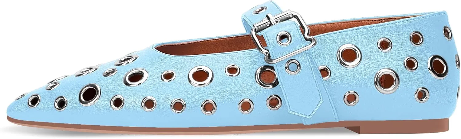 100FIXEO Women's Ballet Flats Metal Eyelet Perforated Studded Buckle Strap Pointed Toe Shoes