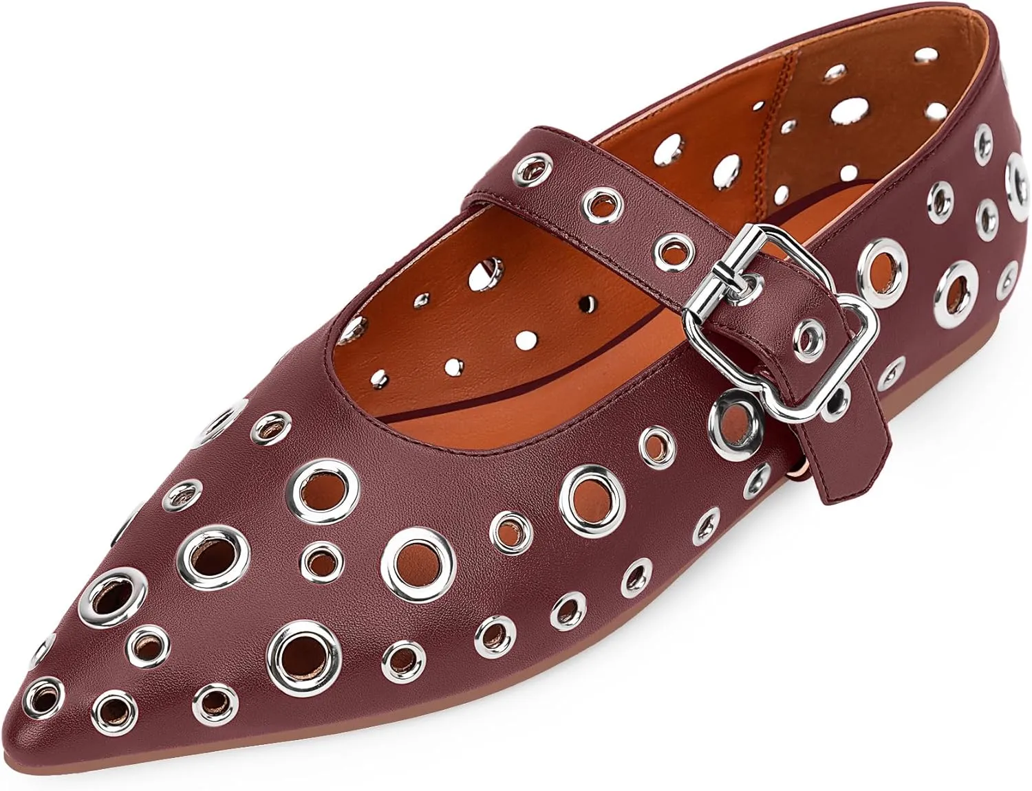 100FIXEO Women's Ballet Flats Metal Eyelet Perforated Studded Buckle Strap Pointed Toe Shoes
