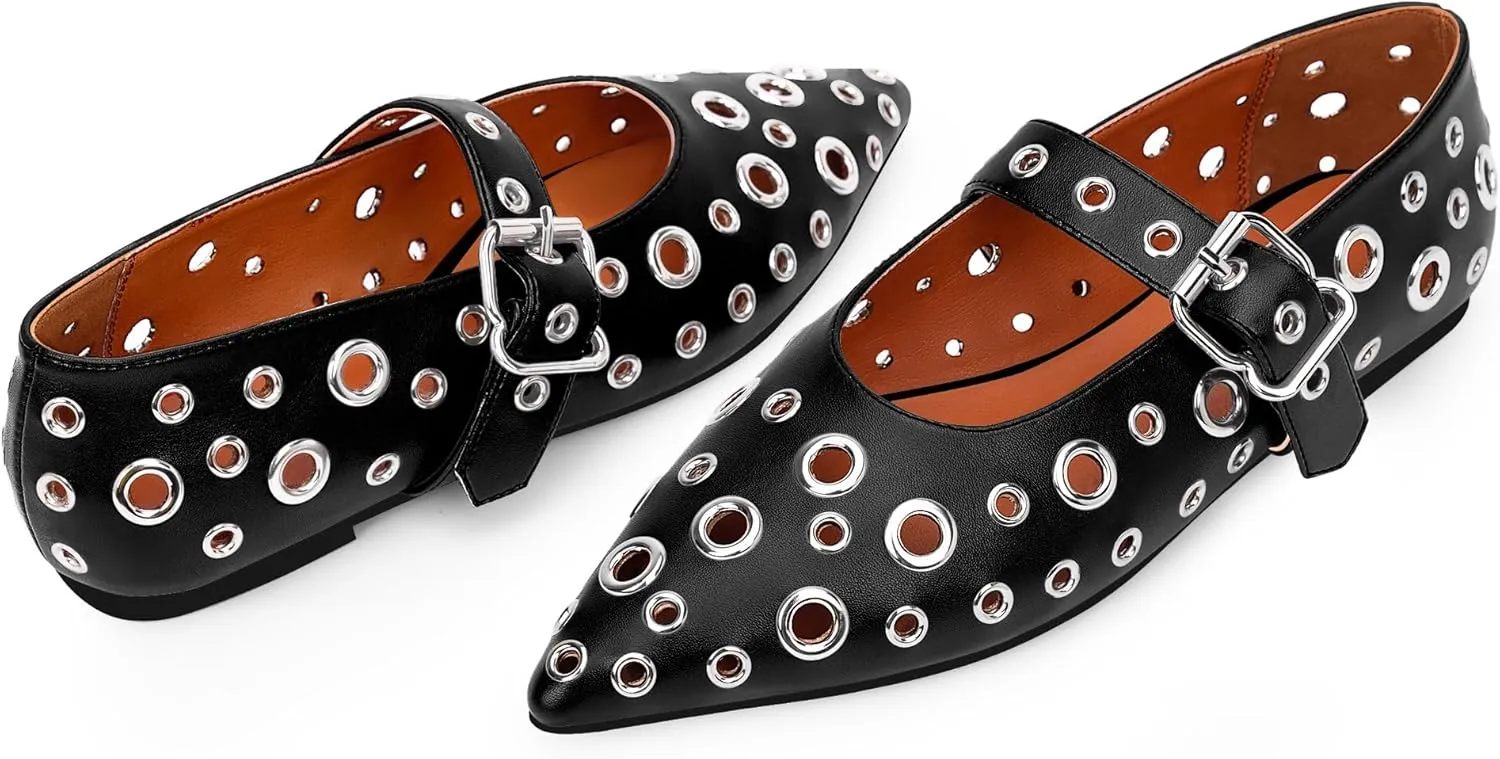 100FIXEO Women's Ballet Flats Metal Eyelet Perforated Studded Buckle Strap Pointed Toe Shoes