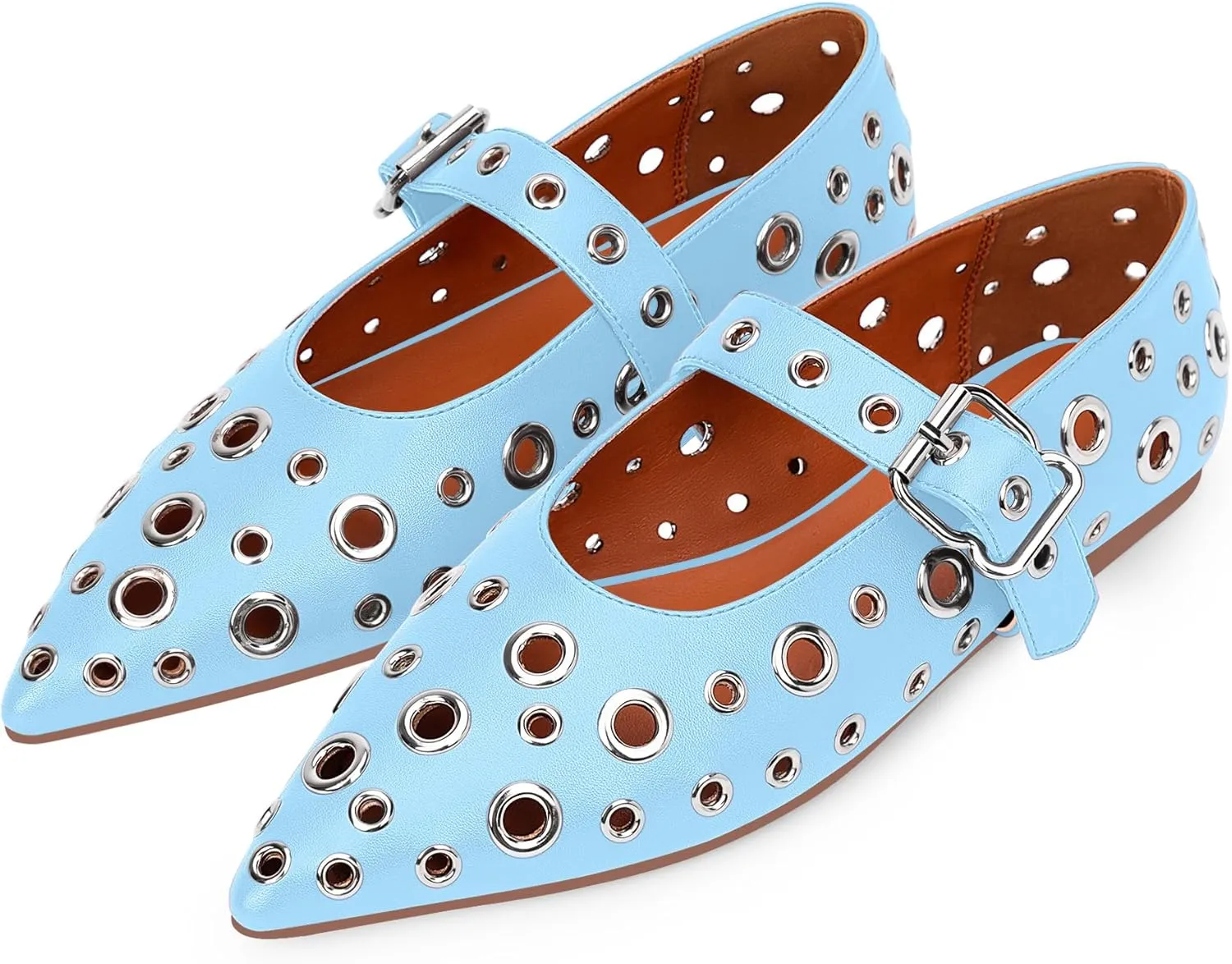 100FIXEO Women's Ballet Flats Metal Eyelet Perforated Studded Buckle Strap Pointed Toe Shoes