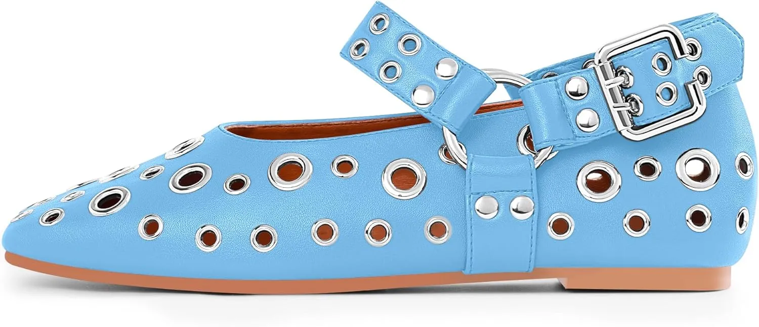100FIXEO Women's Buckle Ballet Flats Punk Square Toe Studded Grommet Mary Jane Shoes
