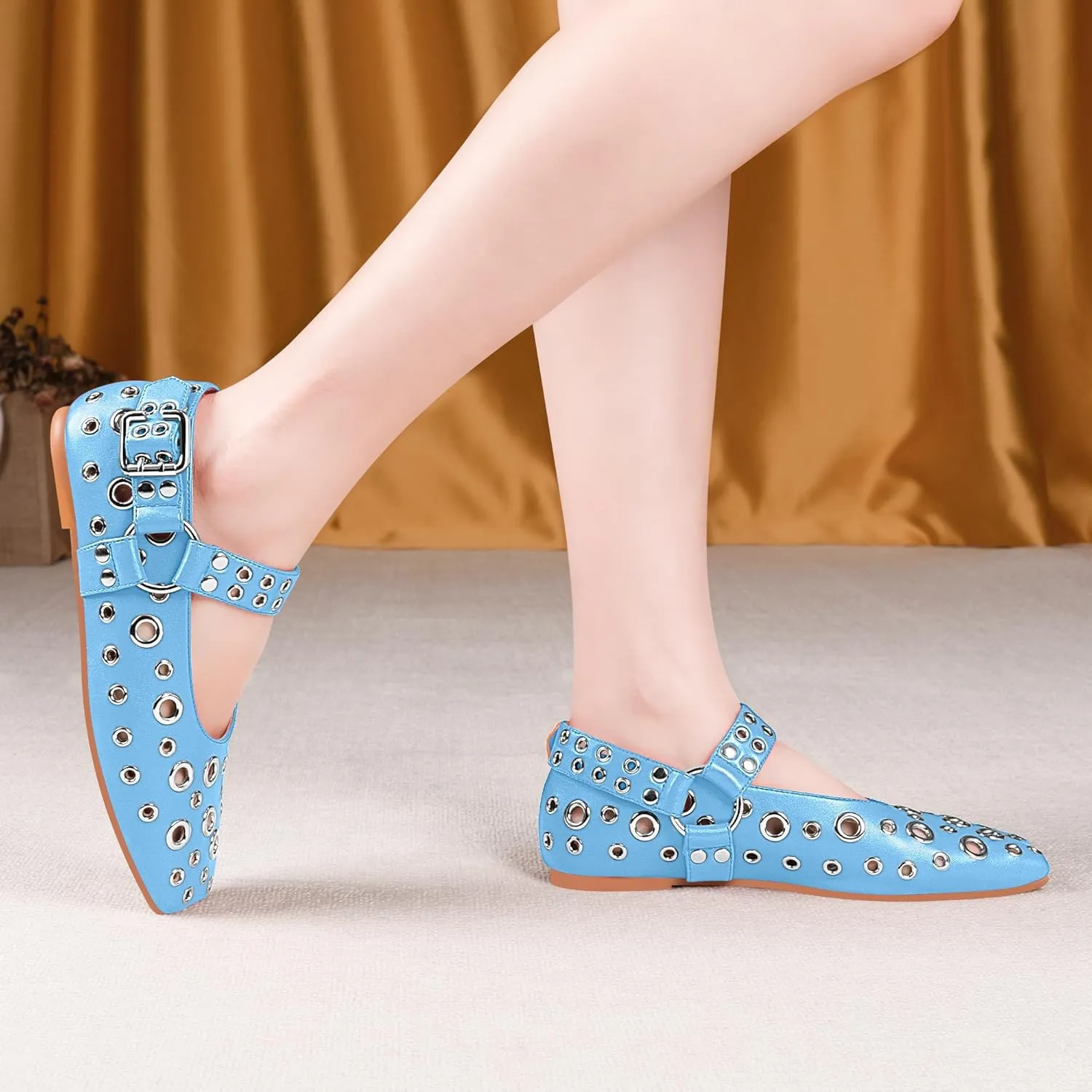 100FIXEO Women's Buckle Ballet Flats Punk Square Toe Studded Grommet Mary Jane Shoes
