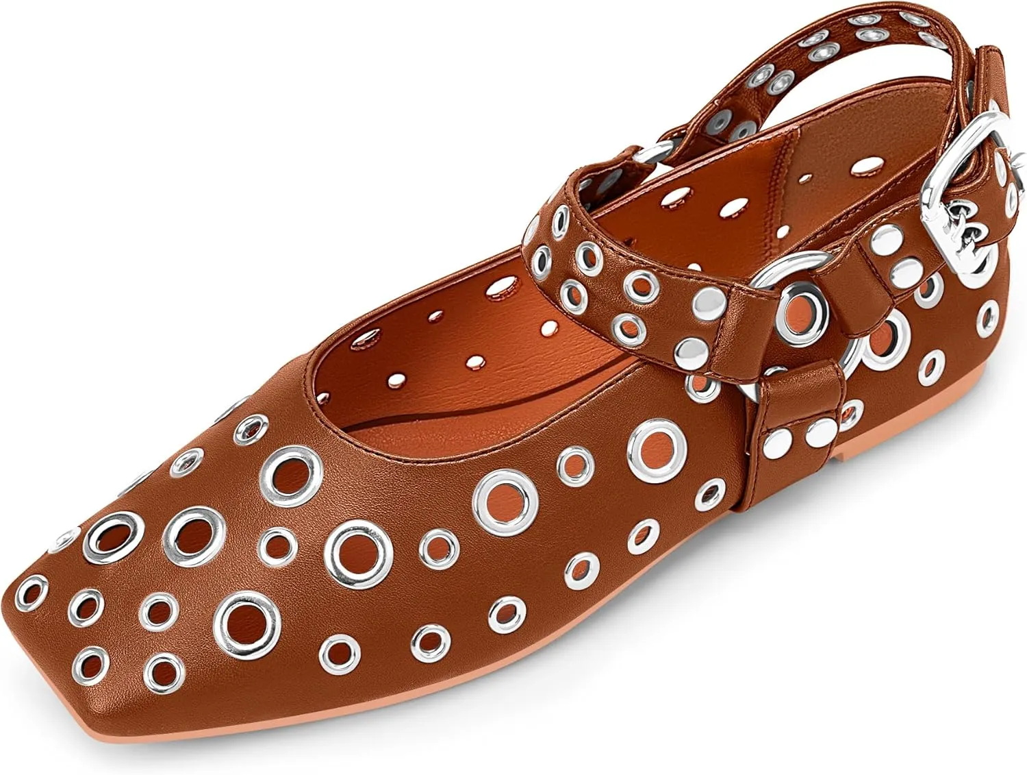 100FIXEO Women's Buckle Ballet Flats Punk Square Toe Studded Grommet Mary Jane Shoes