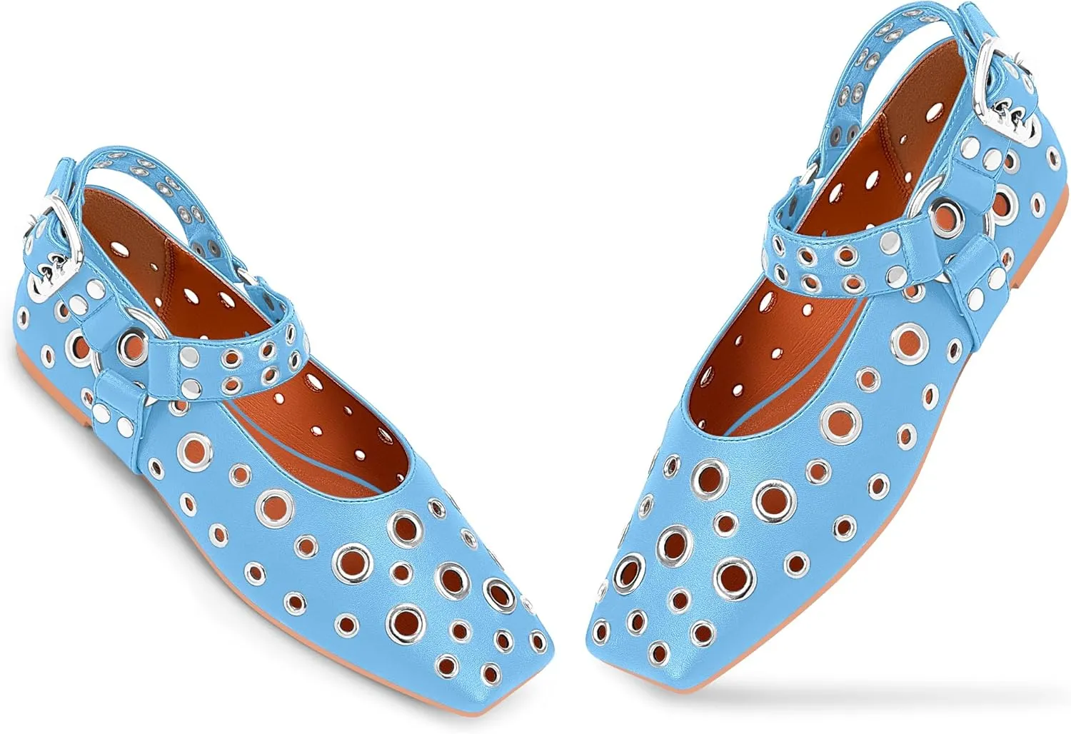 100FIXEO Women's Buckle Ballet Flats Punk Square Toe Studded Grommet Mary Jane Shoes