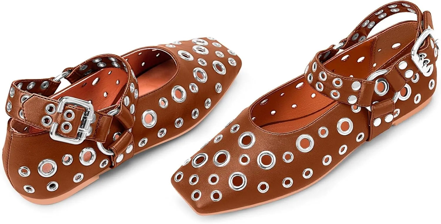 100FIXEO Women's Buckle Ballet Flats Punk Square Toe Studded Grommet Mary Jane Shoes