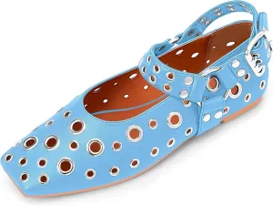 100FIXEO Women's Buckle Ballet Flats Punk Square Toe Studded Grommet Mary Jane Shoes
