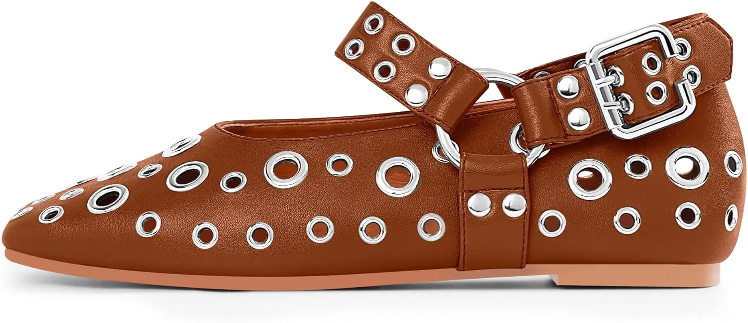 100FIXEO Women's Buckle Ballet Flats Punk Square Toe Studded Grommet Mary Jane Shoes