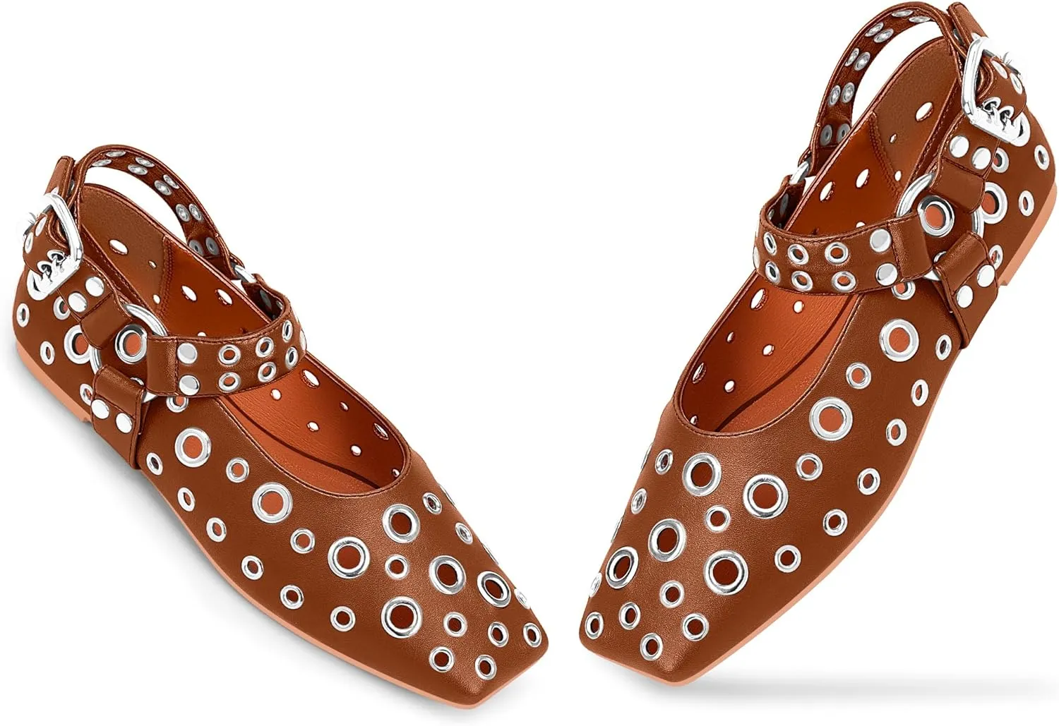 100FIXEO Women's Buckle Ballet Flats Punk Square Toe Studded Grommet Mary Jane Shoes