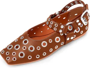100FIXEO Women's Buckle Ballet Flats Punk Square Toe Studded Grommet Mary Jane Shoes