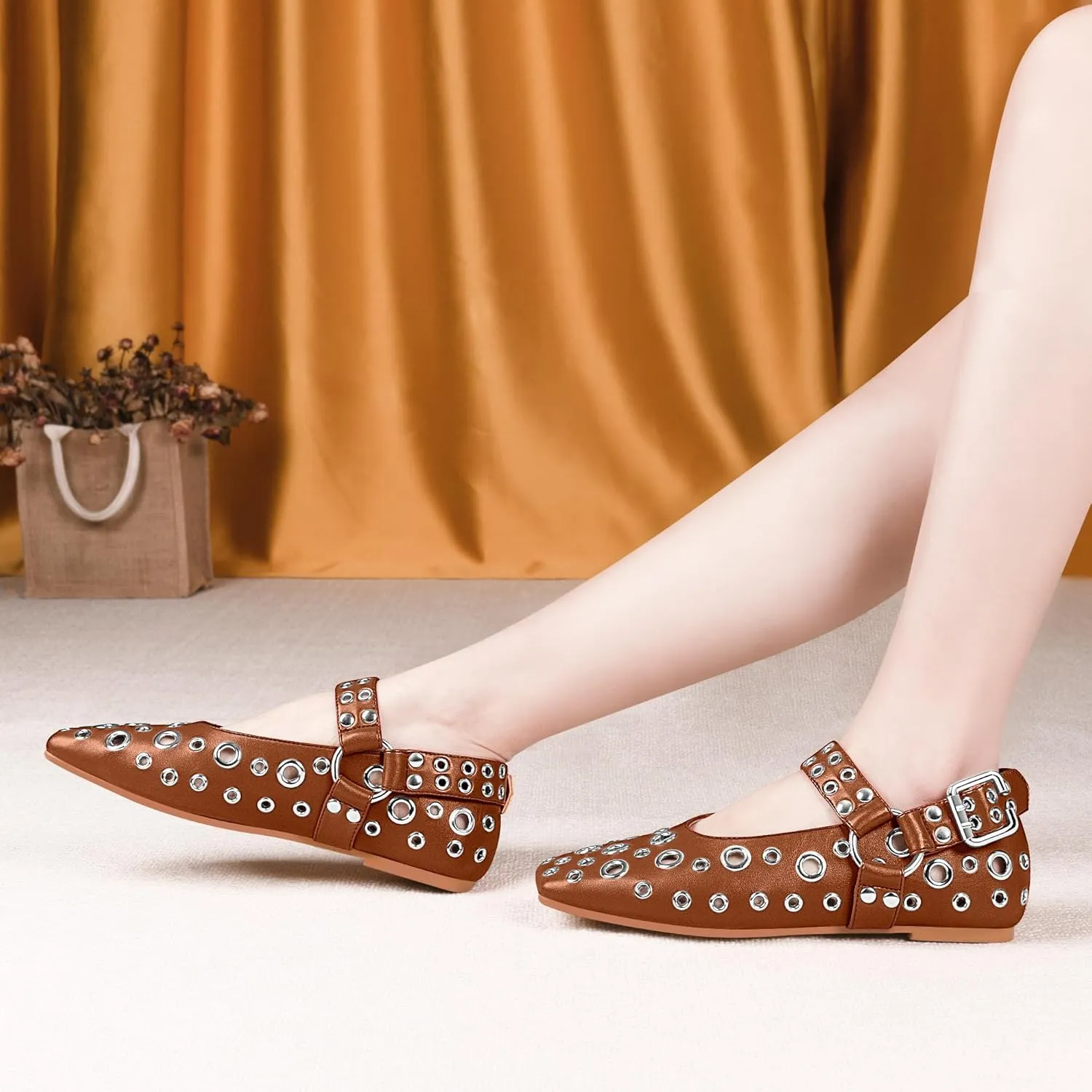 100FIXEO Women's Buckle Ballet Flats Punk Square Toe Studded Grommet Mary Jane Shoes