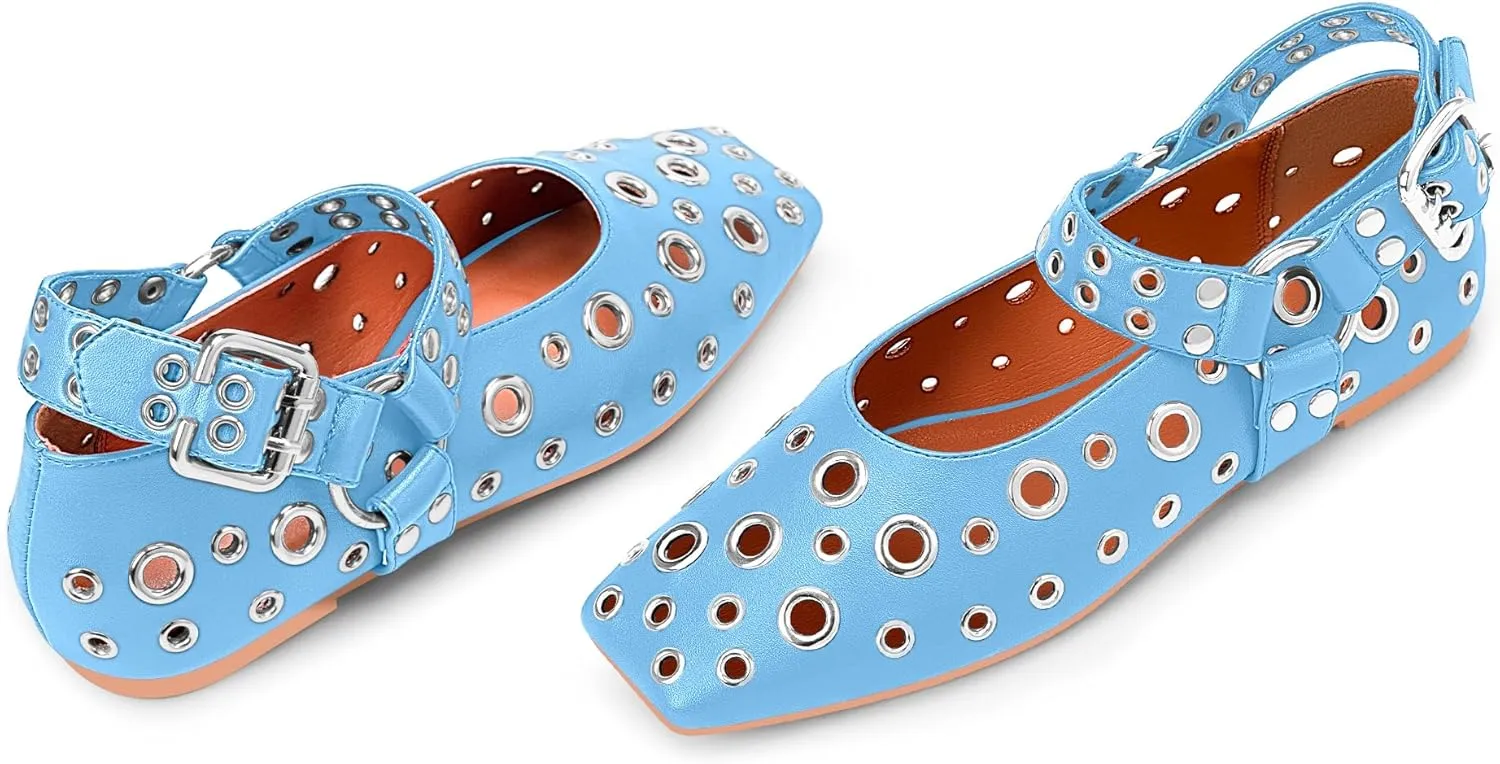 100FIXEO Women's Buckle Ballet Flats Punk Square Toe Studded Grommet Mary Jane Shoes