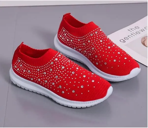 AngryMonkey Women's Rhinestones Mesh Sport Slip-on Shoes,Non Slip Good Arch Breathable Lightweight Casual Sock Sneaker Nurse Shoes