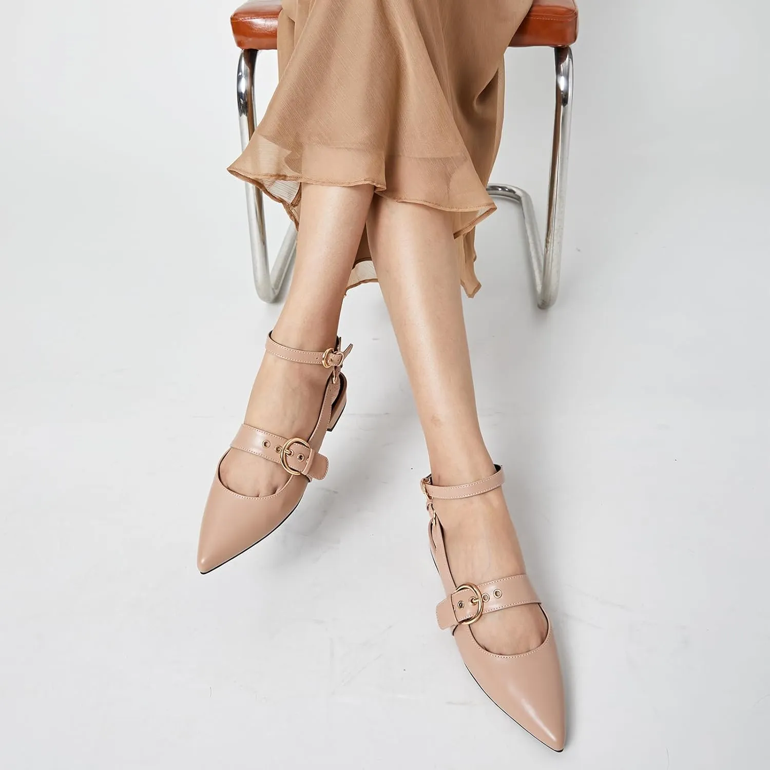 Arromic Slingback Flats for Women Pointed Toe Mary Jane Punk Buckle Ballet Flats with Ankle Strap for Two Wear Comfortable Dressy Shoes