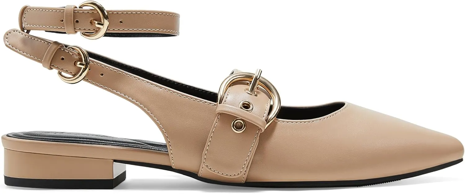 Arromic Slingback Flats for Women Pointed Toe Mary Jane Punk Buckle Ballet Flats with Ankle Strap for Two Wear Comfortable Dressy Shoes