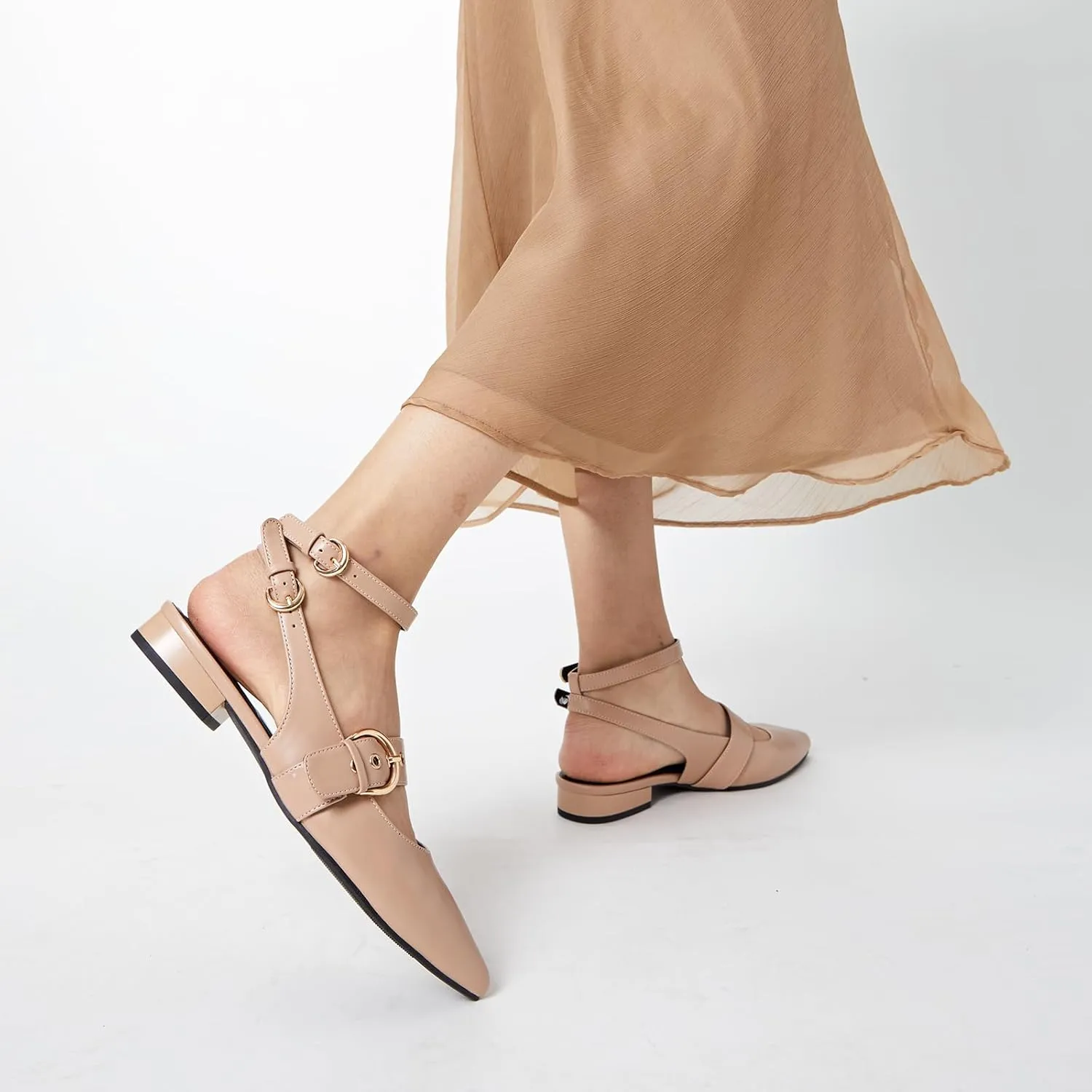 Arromic Slingback Flats for Women Pointed Toe Mary Jane Punk Buckle Ballet Flats with Ankle Strap for Two Wear Comfortable Dressy Shoes