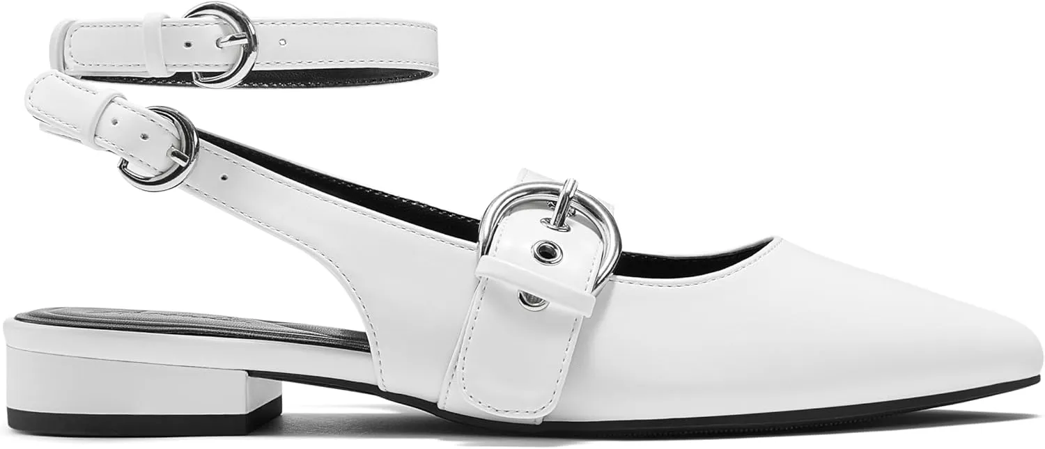 Arromic Slingback Flats for Women Pointed Toe Mary Jane Punk Buckle Ballet Flats with Ankle Strap for Two Wear Comfortable Dressy Shoes