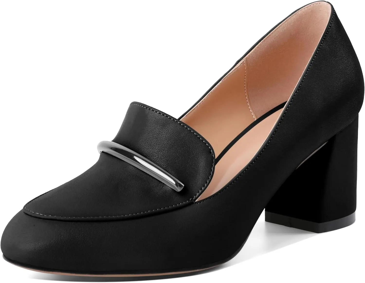AUMOTED Heeled Loafers for Women Block Heel Loafers Comfortable Round Toe Chunky Pumps Women Work Low Heels Office Shoes 2.5 Inch