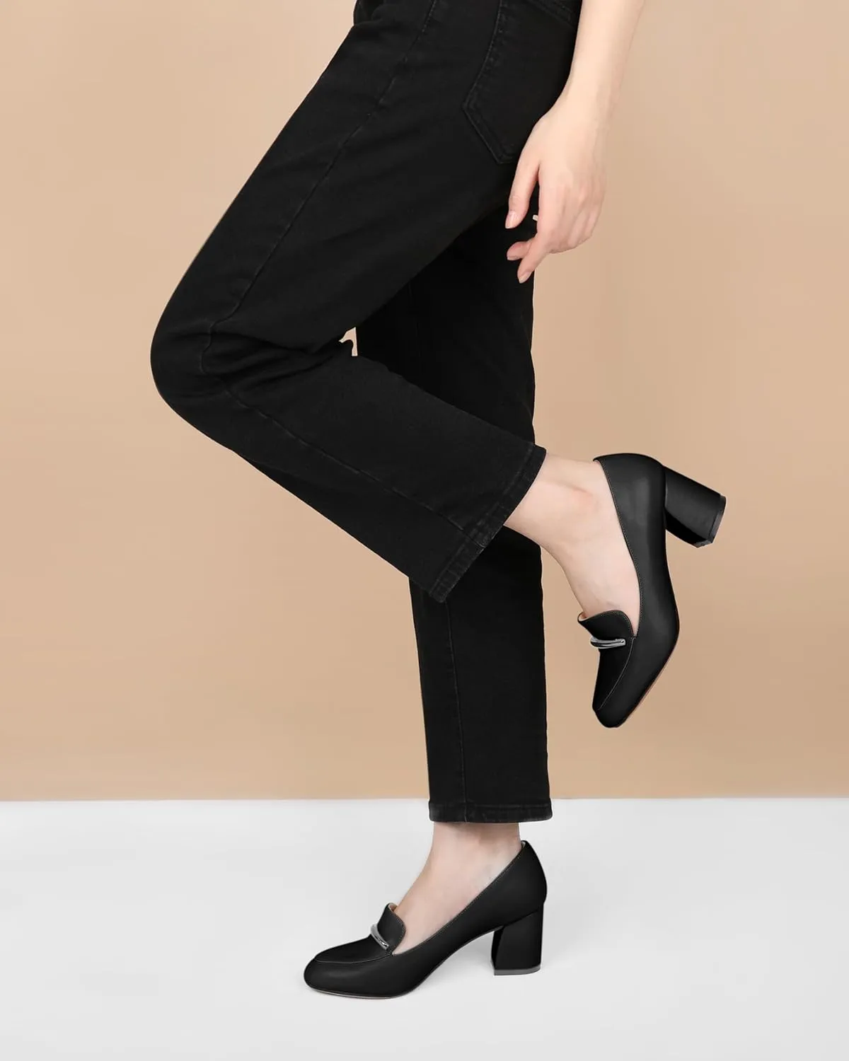 AUMOTED Heeled Loafers for Women Block Heel Loafers Comfortable Round Toe Chunky Pumps Women Work Low Heels Office Shoes 2.5 Inch