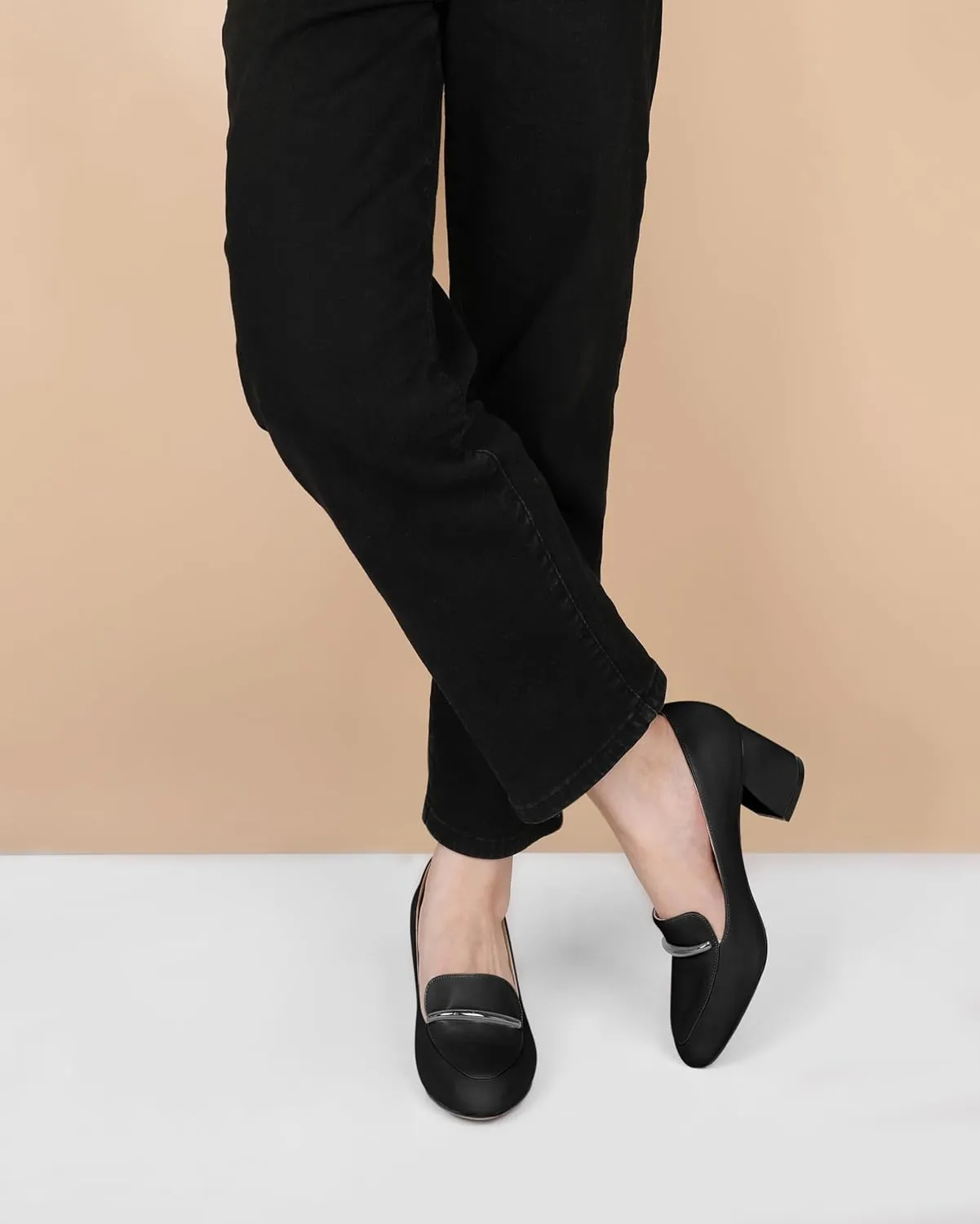 AUMOTED Heeled Loafers for Women Block Heel Loafers Comfortable Round Toe Chunky Pumps Women Work Low Heels Office Shoes 2.5 Inch