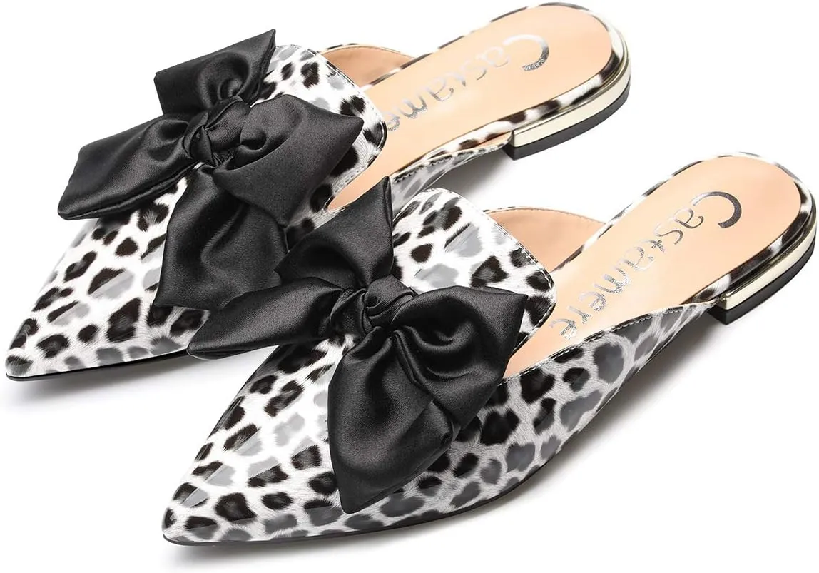Castamere Womens Pointed Toe Bow-Knot Mules Slip On Velvet Slippers Casual Comfortable Flats