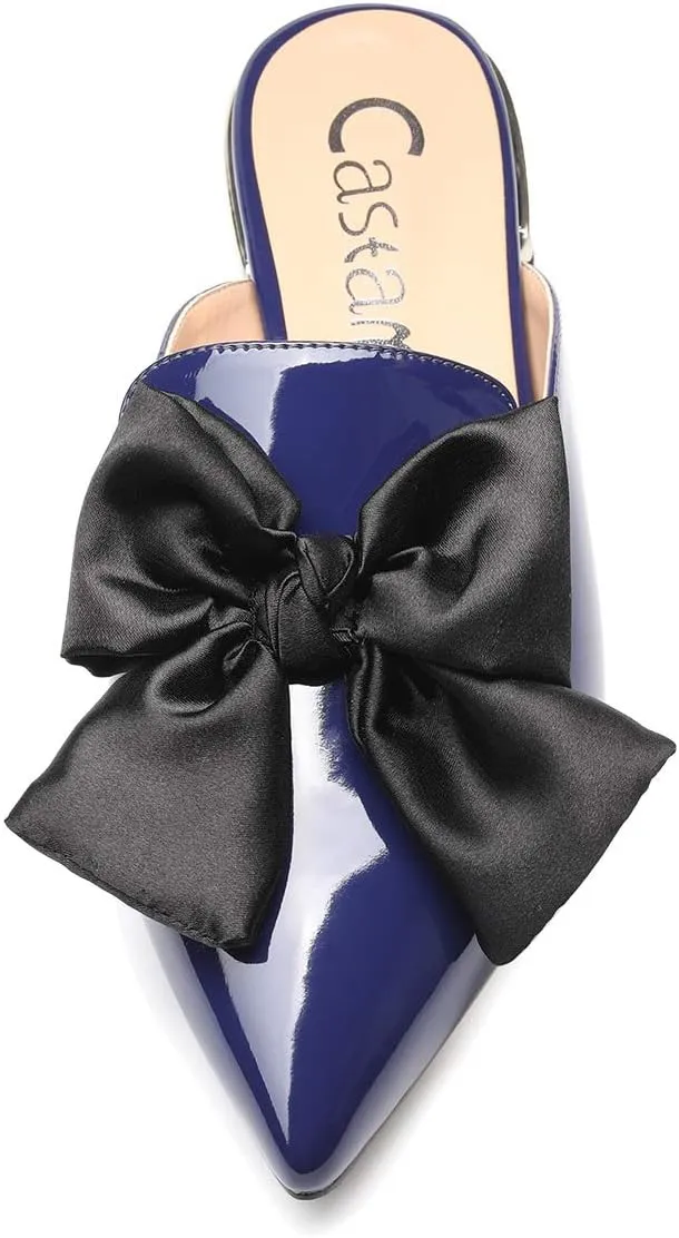 Castamere Womens Pointed Toe Bow-Knot Mules Slip On Velvet Slippers Casual Comfortable Flats